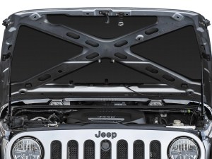 The DEI Jeep Under Hood Liner Kit are shown fully installed on a silver Jeep JK with the hood open.