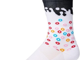 Brooks Tempo Knit Crew Socks designed with a Breakfast Cereal motif. Black trimmed top, milk splash with fruity colored loop cereal. White through the foot and toe.