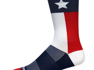 Brooks Tempo Knit Crew Socks designed with a Texas Flag motif. Blue background with White Star on top, Red and White stripes and Blue sole with Red toe tips